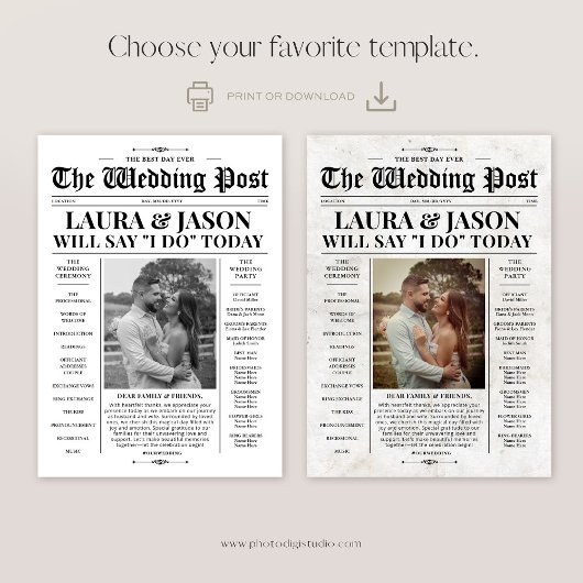 Programme de mariage noir blanc + Timeline Newspap