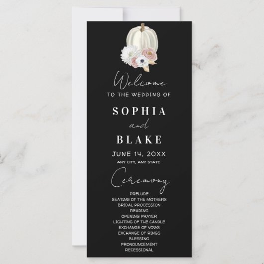 Programme de mariage noir Citrouille Florale Blanc (Devant)