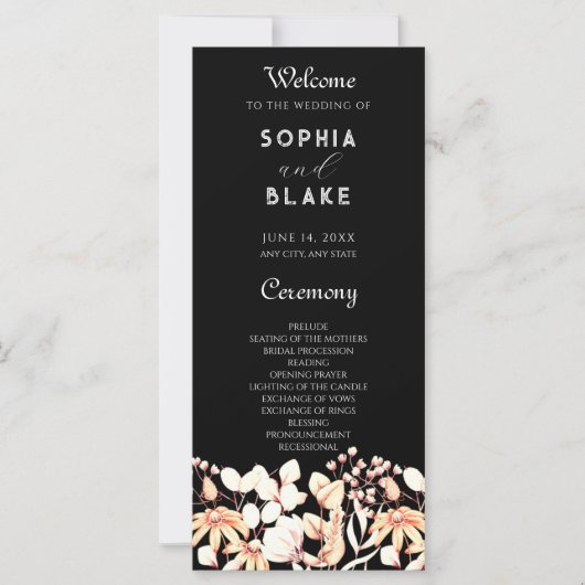 Programme de mariage noir de jardin boho moderne (Devant)
