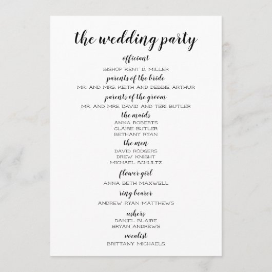 Programme de mariage noir et blanc (Dos)