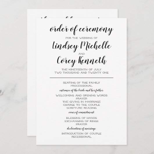 Programme de mariage noir et blanc (Devant / Derrière)