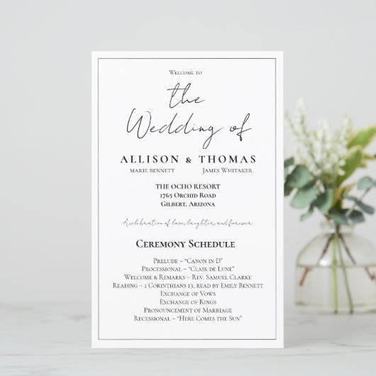 Programme de mariage noir et blanc à script simple (Debout devant)