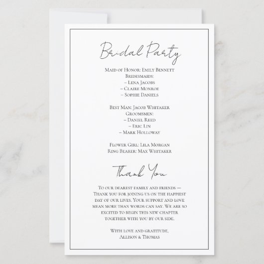 Programme de mariage noir et blanc à script simple (Dos)