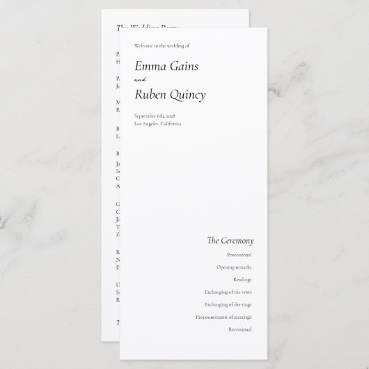 Programme de mariage noir et blanc ultra minimalis (Devant / Derrière)