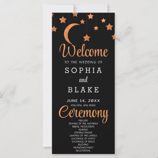 Programme de mariage noir et rose gold étoiles lun (Devant)
