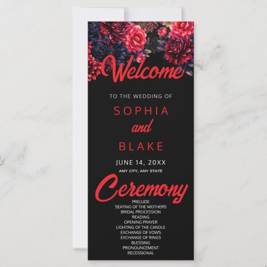 Programme de mariage noir et rouge gothique floral (Devant)