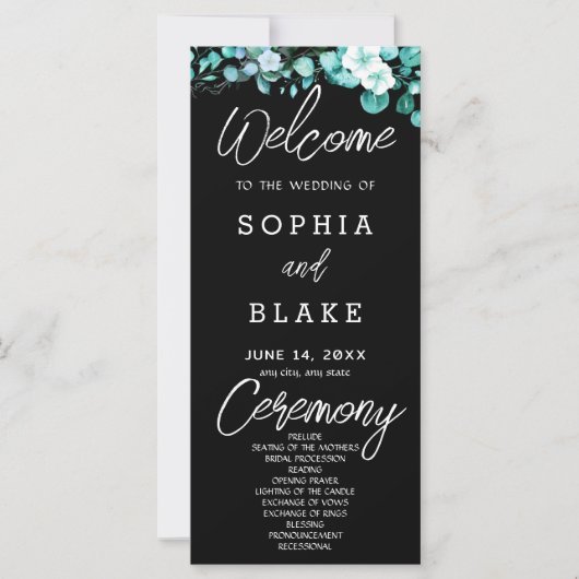 Programme de mariage noir Fleurs blanches Verdure (Devant)