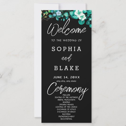 Programme de mariage noir Fleurs blanches Verdure (Devant)