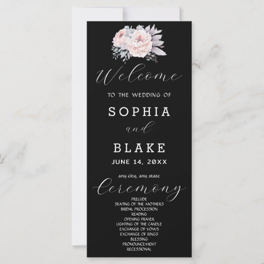 Programme de mariage noir floral rose romantique (Devant)