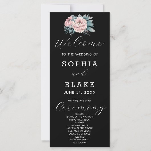 Programme de mariage noir floral rose romantique (Devant)