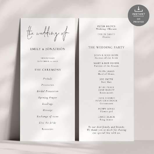 Programme de mariage noir moderne Script