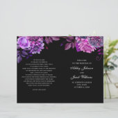 Programme de mariage noir plié. Fleurs violettes (Debout devant)