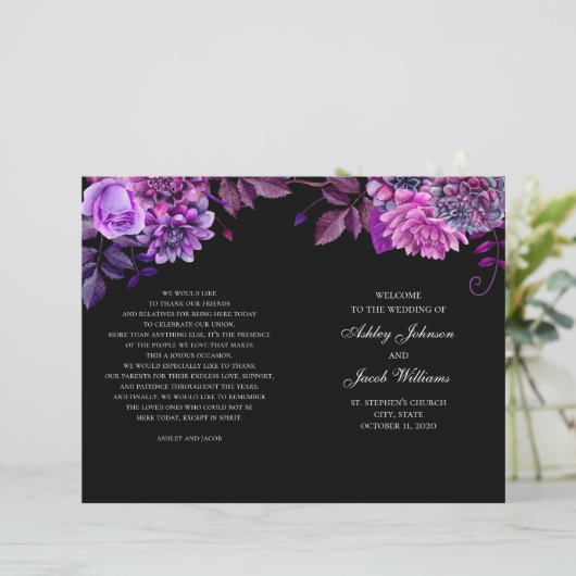 Programme de mariage noir plié. Fleurs violettes (Debout devant)