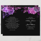 Programme de mariage noir plié. Fleurs violettes (Devant / Derrière)