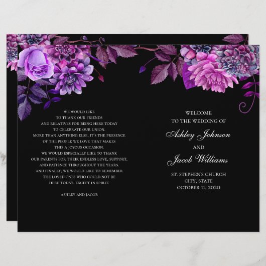 Programme de mariage noir plié. Fleurs violettes (Devant / Derrière)