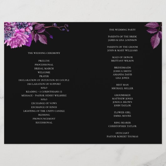 Programme de mariage noir plié. Fleurs violettes (Dos)