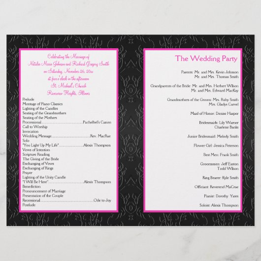 Programme de mariage noir, rose chaud et blanc (Dos)