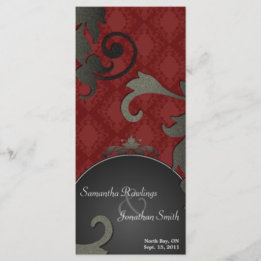 Programme de mariage - Noir & Rouge Floral Damask (Devant)