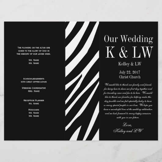 Programme de mariage noir Zebra Stripes Motif (Devant)
