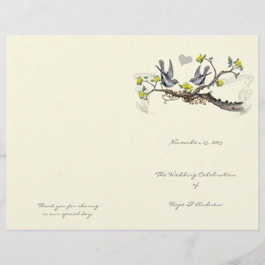 Programme de mariage oiseaux vintage jaune et gris (Devant)