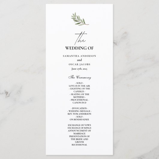 Programme de mariage Olive Branch | Minimaliste (Devant)