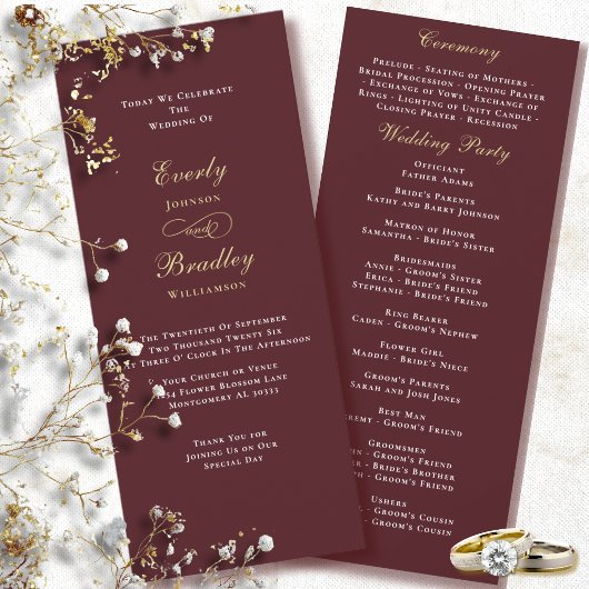 Programme de mariage or blanc burgundy rouge prune