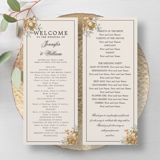 Programme de mariage or floral rustique naturel