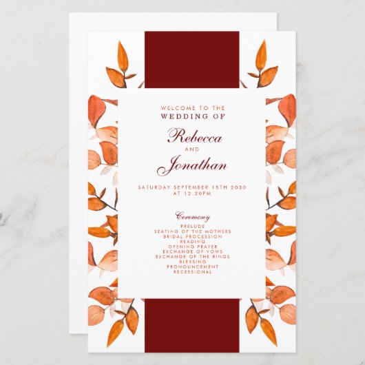 Programme de mariage orange brûlé (Devant / Derrière)