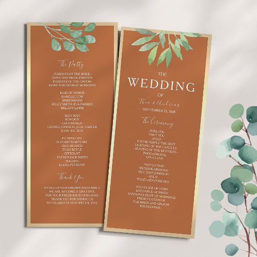 Programme de mariage orange brûlé rustique