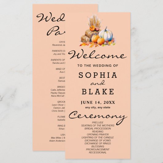 Programme de mariage orange et blanc Citrouille Or (Devant / Derrière)
