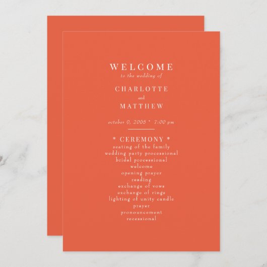 Programme de mariage orange simple (Devant / Derrière)