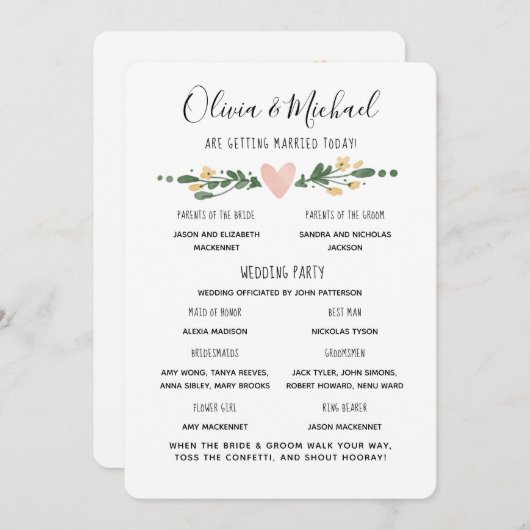 Programme de mariage Ordre des événements (Devant / Derrière)