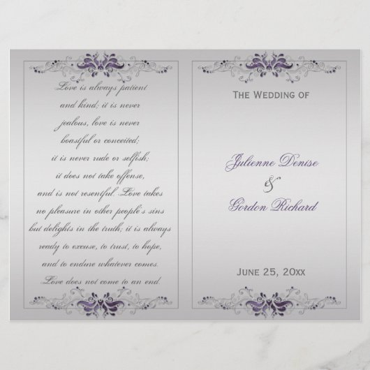 Programme de mariage Ornate Purple Argent Floral F (Devant)