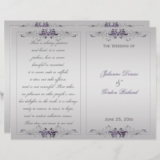 Programme de mariage Ornate Purple Argent Floral F (Devant / Derrière)