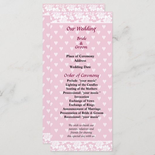 Programme de mariage Pale Pink Hearts (Devant / Derrière)