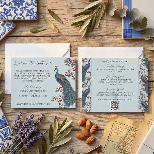 Programme de mariage Paon dessiné à la main Bleu f