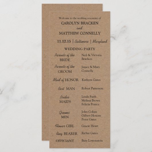 Programme de mariage | Papier Kraft rustique (Devant / Derrière)