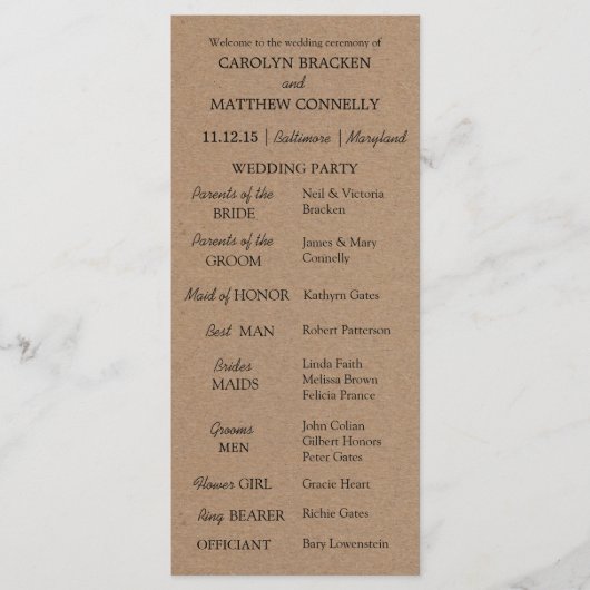 Programme de mariage | Papier Kraft rustique (Devant)
