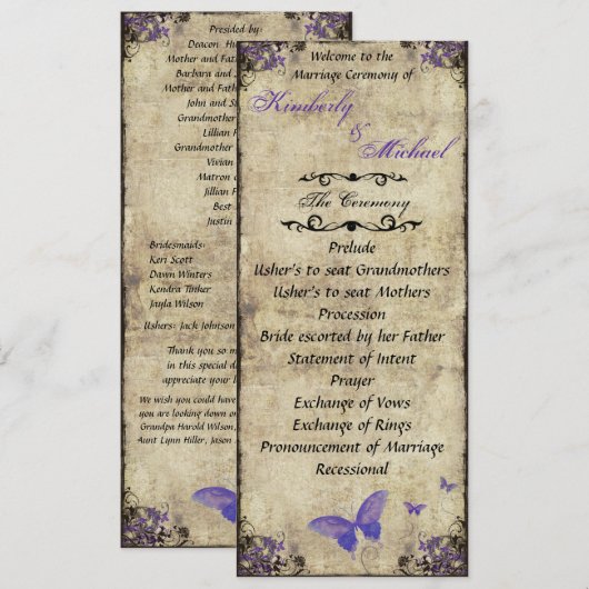 Programme de mariage papillon violet double face (Devant / Derrière)
