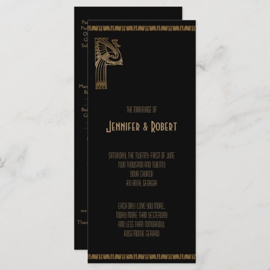 Programme de mariage Peacock Art Déco Noir et Or (Devant / Derrière)