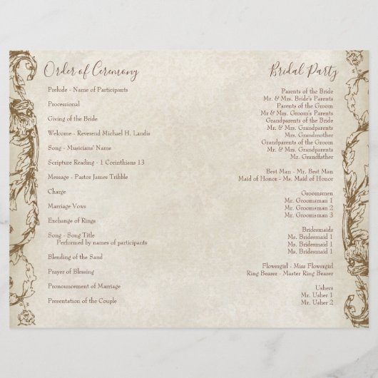 Programme de mariage Peacock & Etchings vintage (Dos)