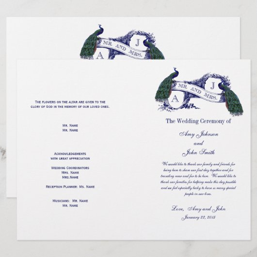 Programme de mariage Peacock vintage (Devant / Derrière)