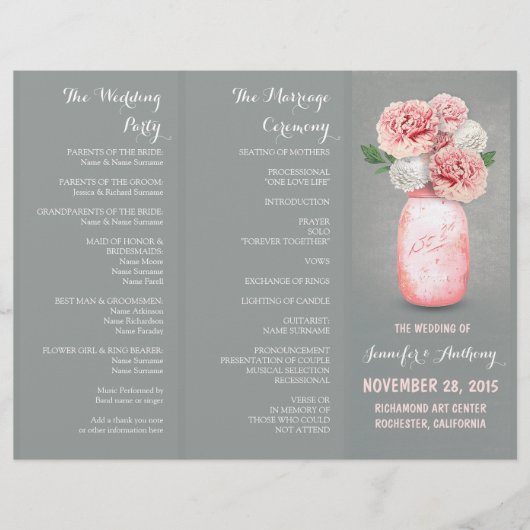 Programme de mariage peint en mason bocal rose gri (Devant)