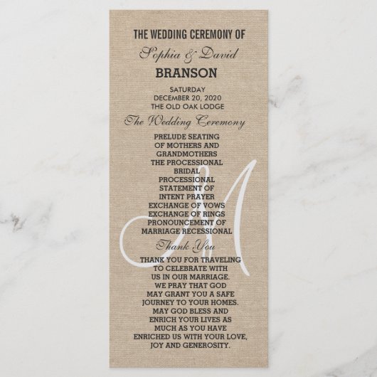 Programme de mariage personnalisé sur toile de lin (Devant)