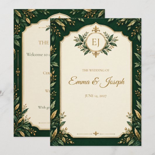 Programme de mariage personnalisé vert forêt or (Devant / Derrière)