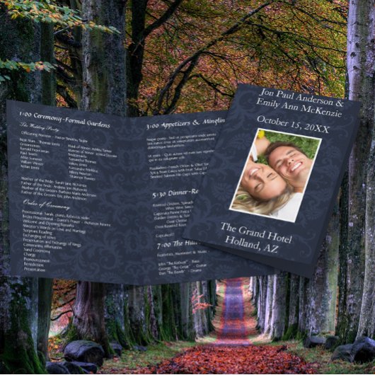 Programme de mariage photo bleu marine et damas bl