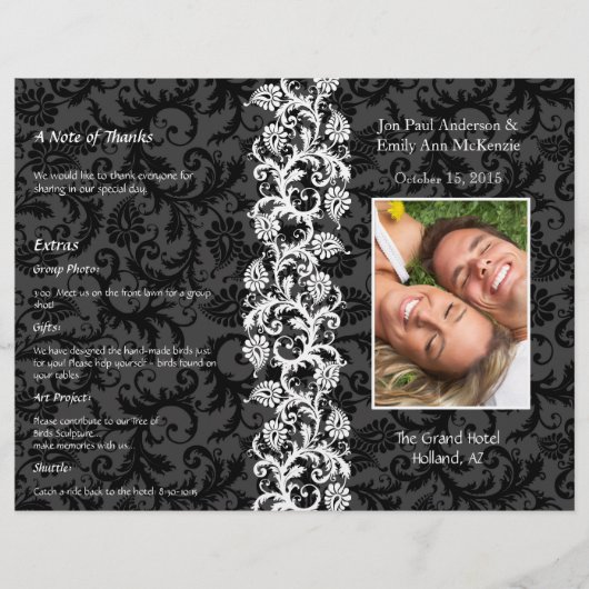 Programme de mariage photo noir gris & damas rouge (Devant)