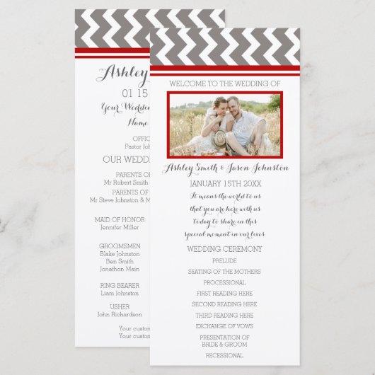 Programme de mariage photo Red Grey Chevron (Devant / Derrière)