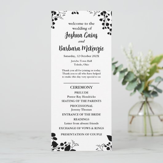 Programme de mariage plat noir sur blanc (Debout devant)