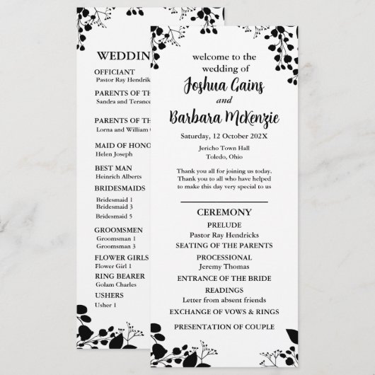 Programme de mariage plat noir sur blanc (Devant / Derrière)